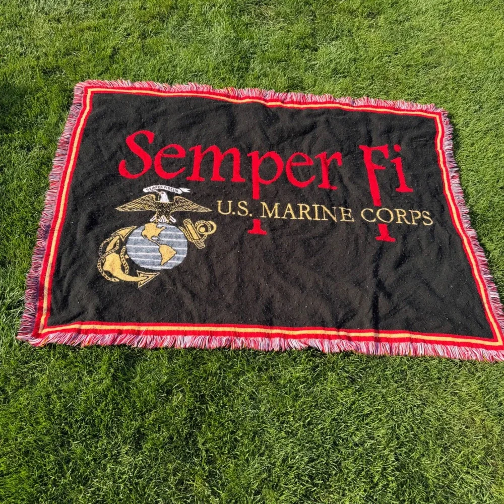 US Marine Corps Semper Fi Woven Tapestry Throw Blanket Fringed USMC Eagle Globe